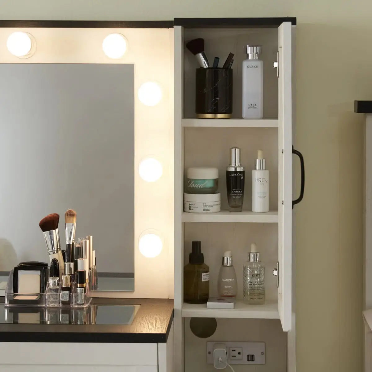Farmhouse Vanity Makeup Desk – 43" Wide Desk, Drawers, Stool & Charging