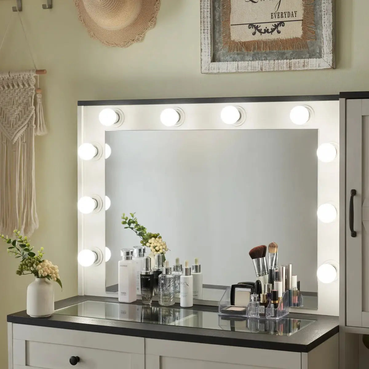Farmhouse Vanity Makeup Desk – 43" Wide Desk, Drawers, Stool & Charging