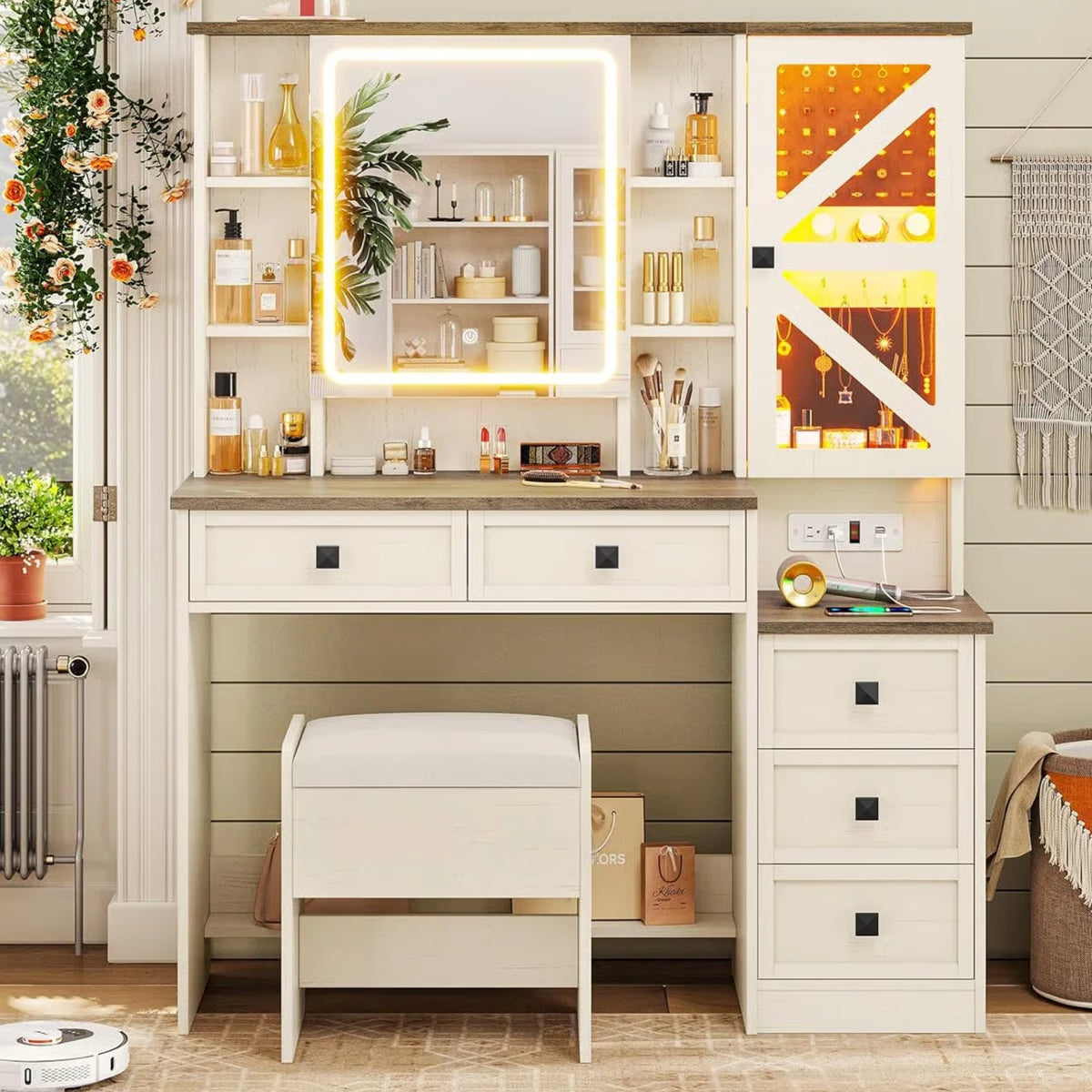 Rustic Farmhouse Makeup Vanity Set – Vintage White Table with Stool-OUCH CART |Dressing table