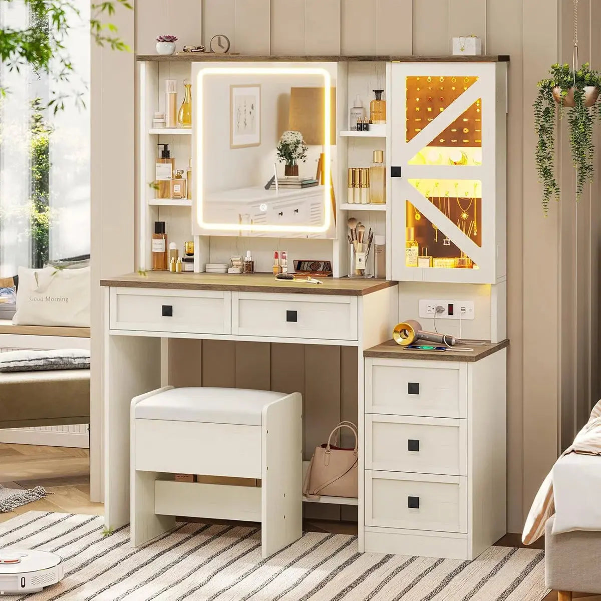 Rustic Farmhouse Makeup Vanity Set – Vintage White Table with Stool