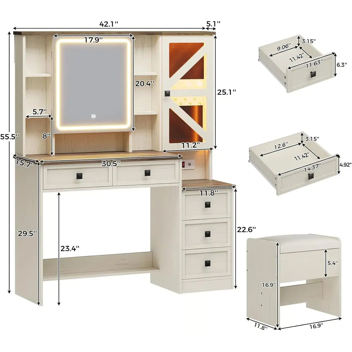 Rustic Farmhouse Makeup Vanity Set – Vintage White Table with Stool