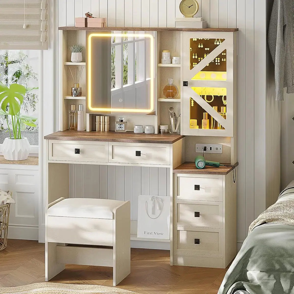 Rustic Farmhouse Makeup Vanity Set – Vintage White Table with Stool