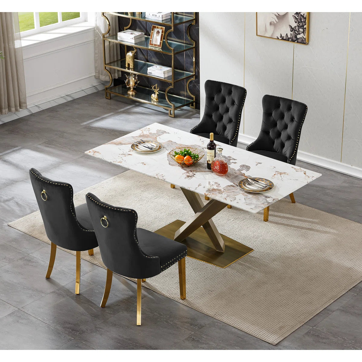 Faux Marble Dining Table Set, Marble Dining Table Set with Tufted Dining Chairs, 70 in Rectangle Large Kitchen Dining Room Table Set with Bronze Carbon Steel Frame for Home- OUCH CART