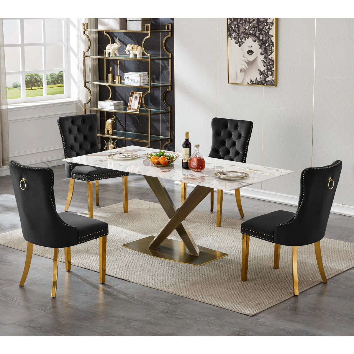 Faux Marble Dining Table Set, Marble Dining Table Set with Tufted Dining Chairs, 70 in Rectangle Large Kitchen Dining Room Table Set with Bronze Carbon Steel Frame for Home OUCH CART