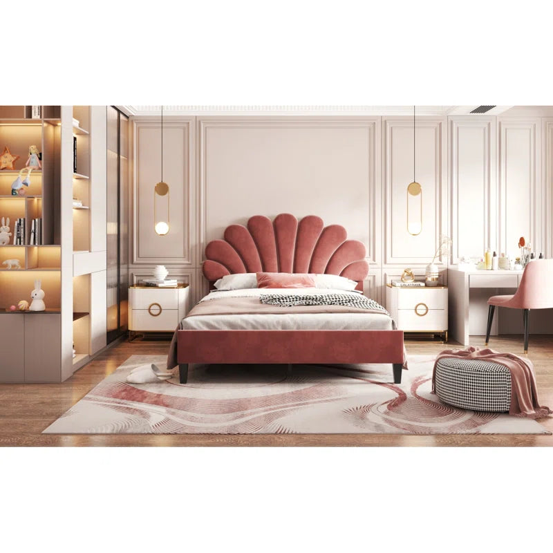 Feehley Upholstered Platform Bed with Flower Pattern Velvet Headboard OUCH CART
