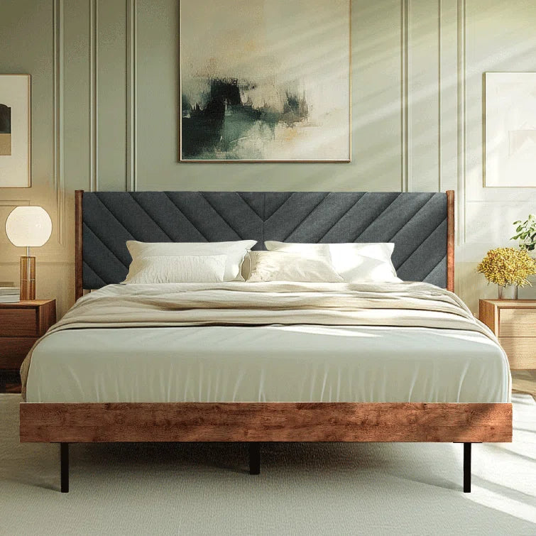 Aria Modern King Upholstered Platform Bed with Fabric Headboard OUCH CART