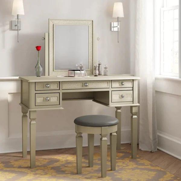 Tomasz Vanity dressing table with mirror with stool Stylish Corner Makeup Vanity Table, with Mirror and 5 Spacious Drawers, Bedroom Essential Dressing, Modern Minimalist Writing Desk for Girls - Ouch Cart