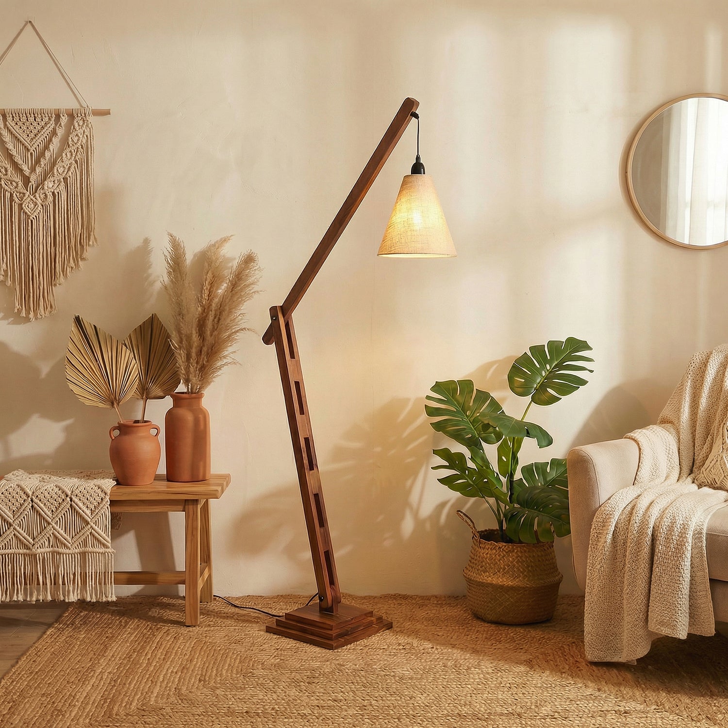 Fisher Wooden Floor Lamp with Brown Base and Jute Fabric Lampshade (BULB NOT INCLUDED)