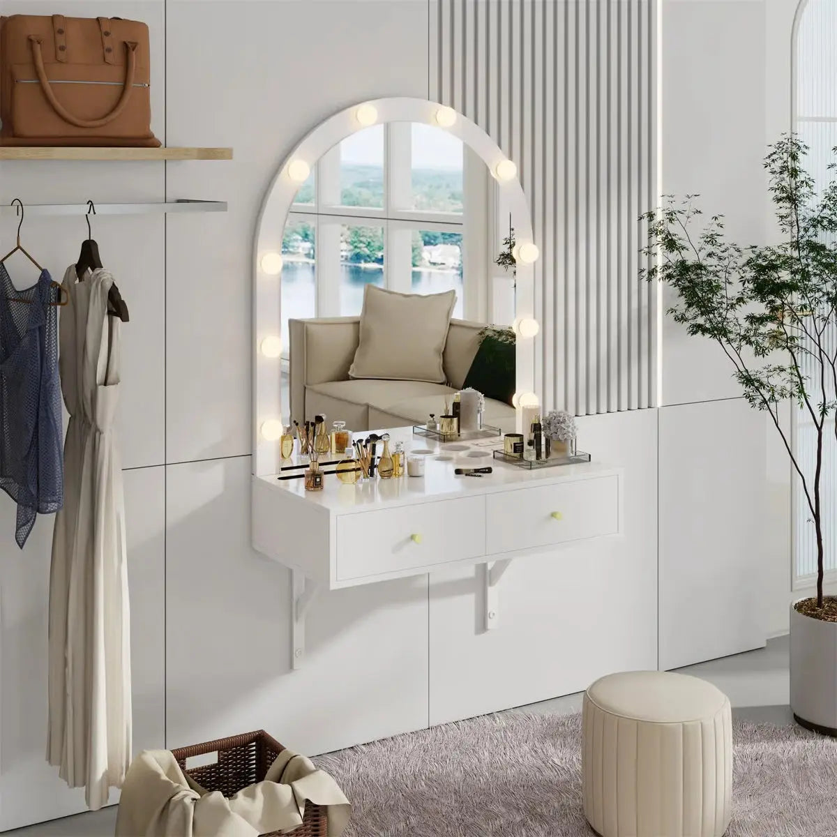Wall-Mounted Floating Makeup Vanity – Mirror with 3-Color LED Lights, Power Outlet & Storage-OUCH CART |Dressing table