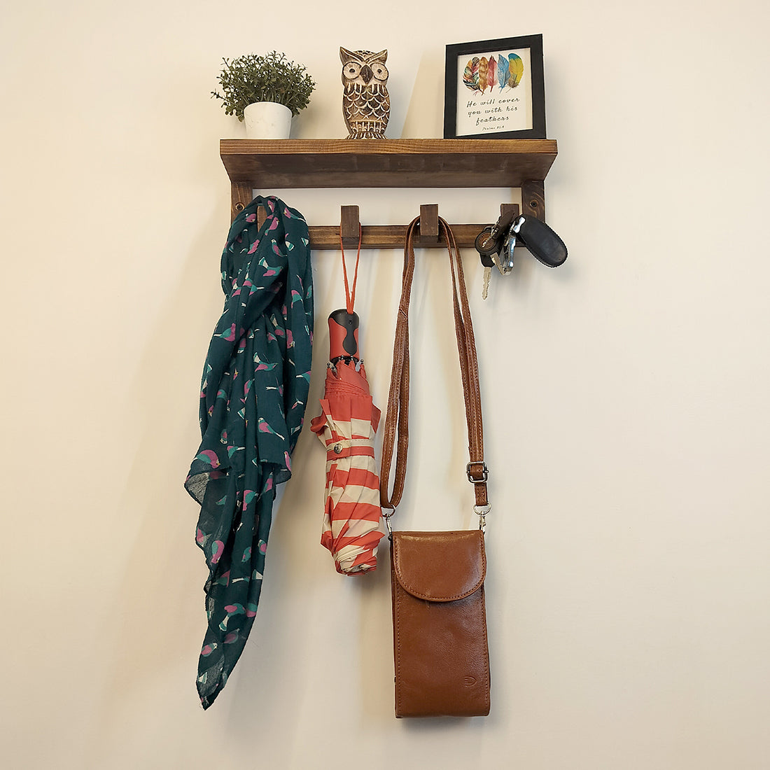 Florian Wooden Wall Shelf Organiser with Key Holders