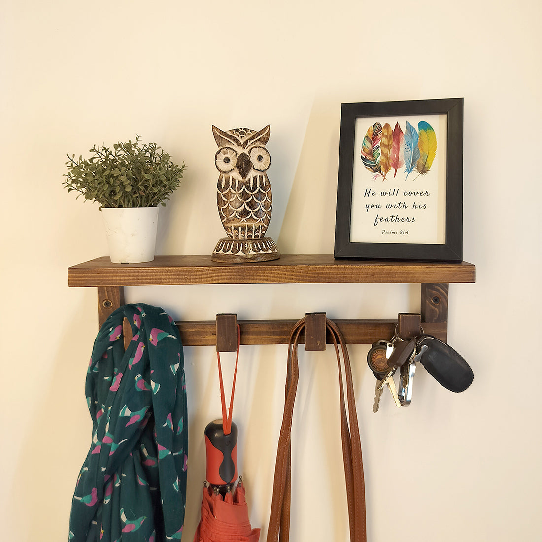 Florian Wooden Wall Shelf Organiser with Key Holders