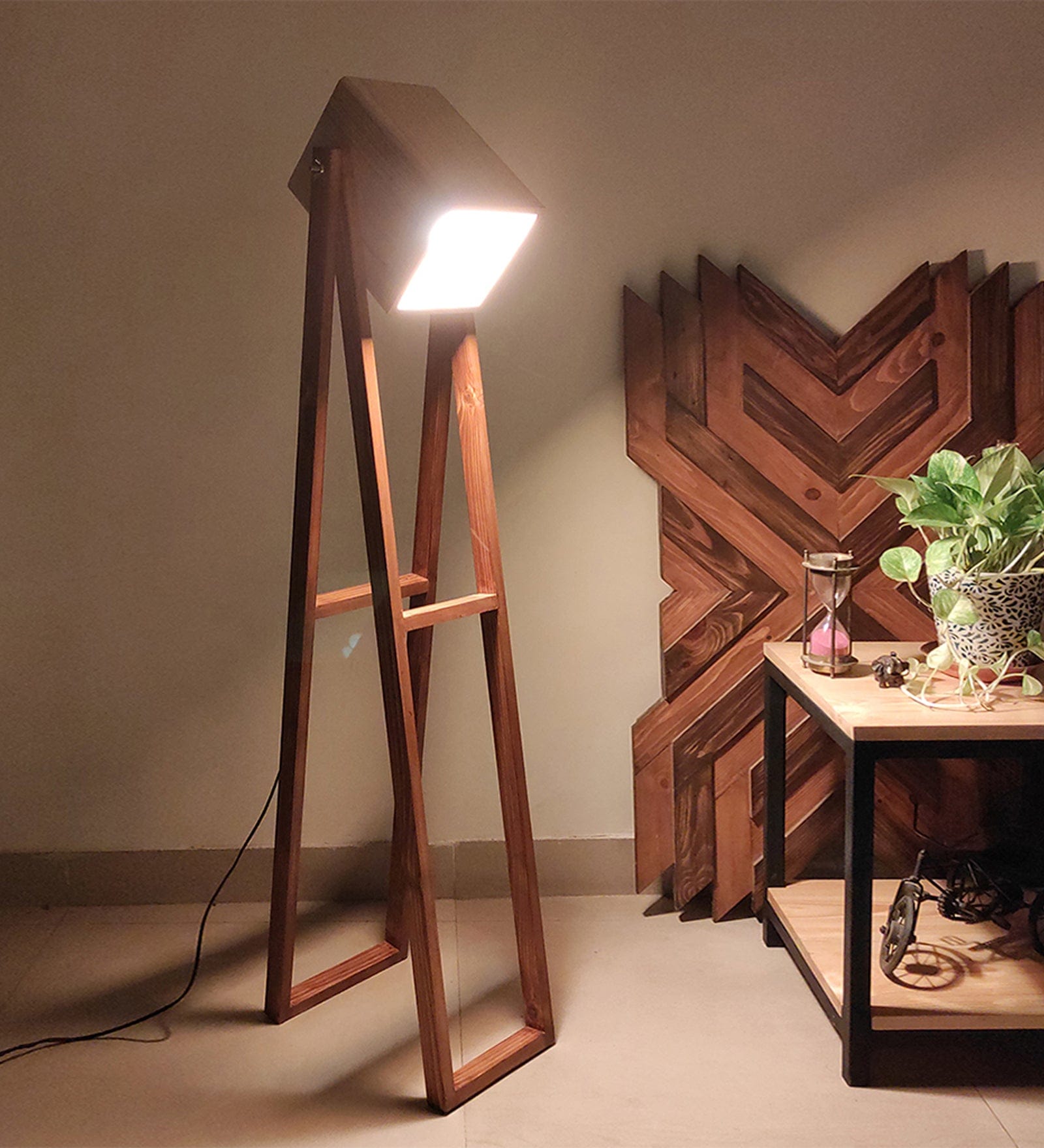Focal Wooden Floor Lamp with Brown Base and Beige Wooden Lampshade (BULB NOT INCLUDED)