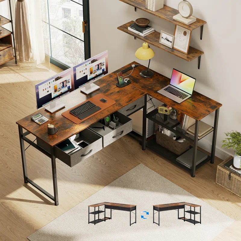 Computer L Shaped Desk with Power Outlets,Writing Desk with Two Metal Shelves and One Wooden Shelf,Gaming Desk with Drawers