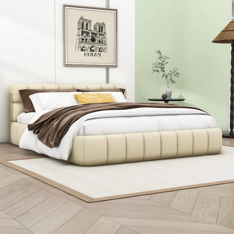 Froman Queen Size Linen Upholstered Platform Bed with Headboard and Slats OUCH CART