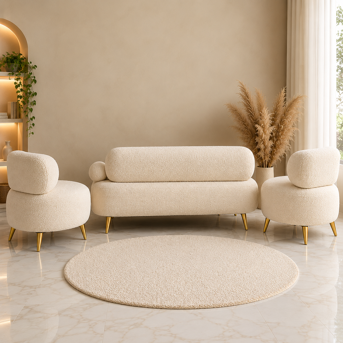 Furnkraft Cream Bouclé Sofa Set with 2 Accent Chairs, Modern 3-Seater Living Room Furniture Set with Gold Metal Legs, Plush Upholstered Sofa Set for Home, Lounge & Apartment