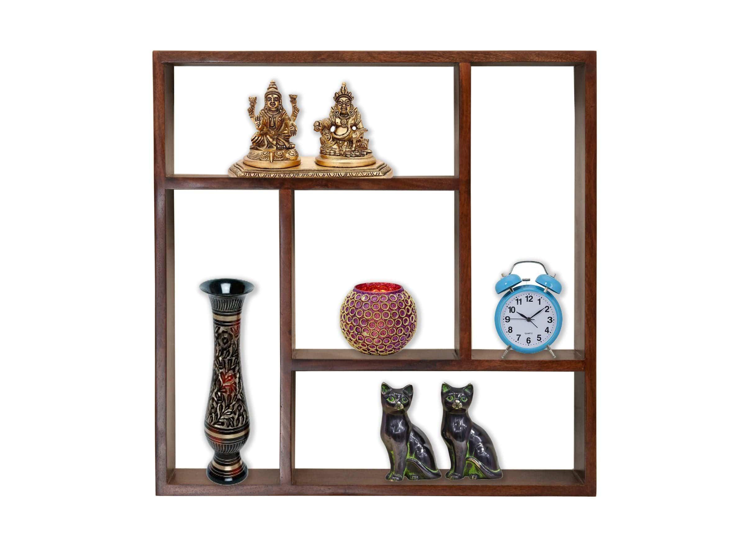 Sheesham Wood Square Storage Wallshelf In Honey Finish - Ouch Cart