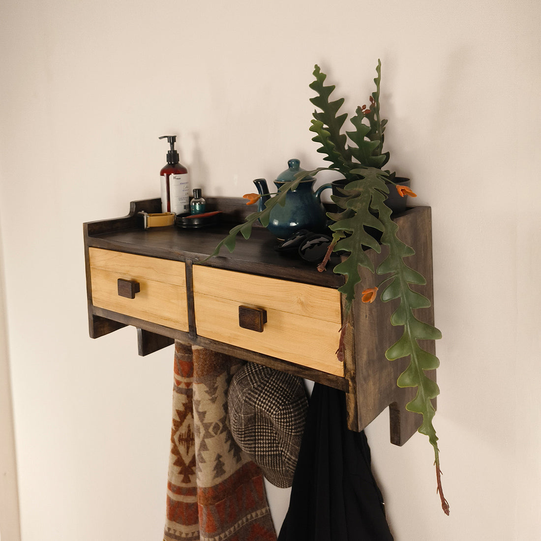 GOLDEN OAK Wooden Wall Shelf with Drawers & Key Holders - OUCH CART | Wall hanging