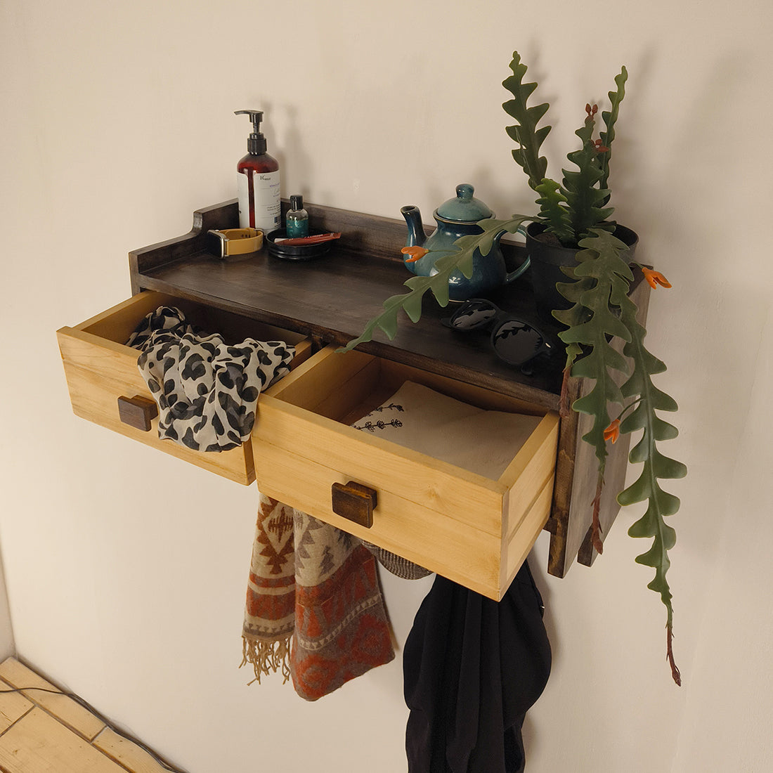 GOLDEN OAK Wooden Wall Shelf with Drawers & Key Holders