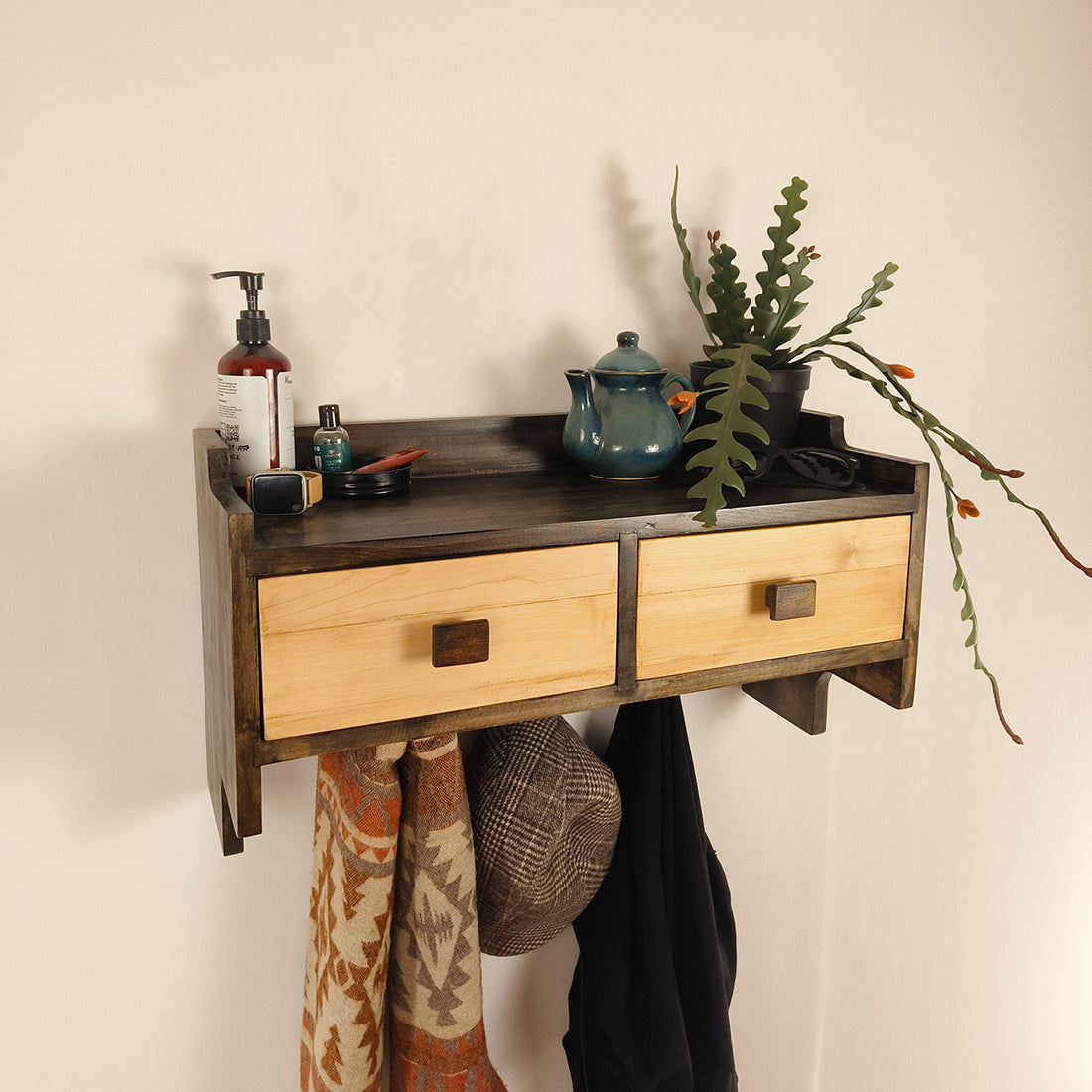 GOLDEN OAK Wooden Wall Shelf with Drawers & Key Holders