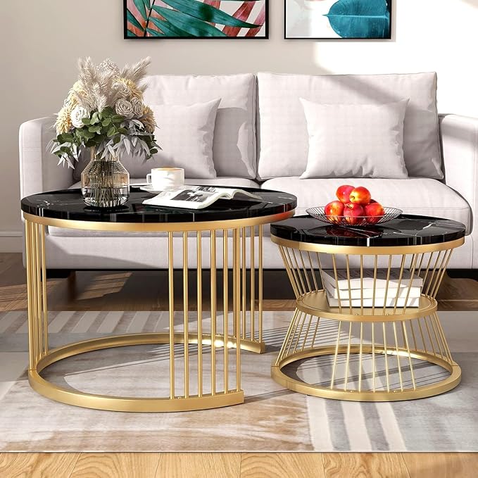 Round Modern Nesting Coffee Table Set of 2 with Marble Veneer Tops OUCH CART