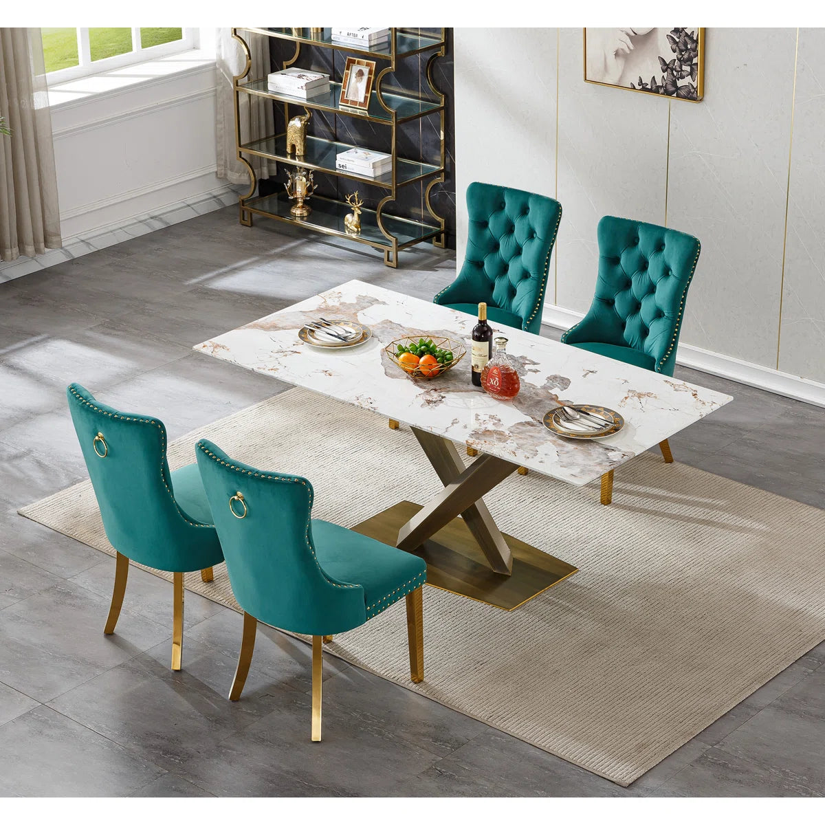 Faux Marble Dining Table Set, Marble Dining Table Set with Tufted Dining Chairs, 70 in Rectangle Large Kitchen Dining Room Table Set with Bronze Carbon Steel Frame for Home- OUCH CART