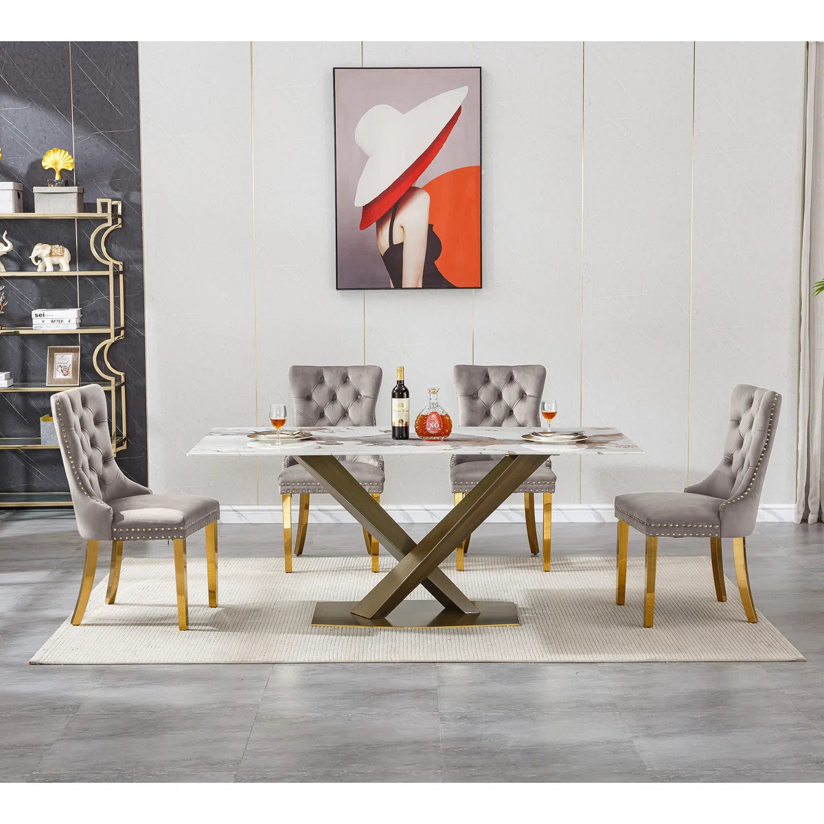 Faux Marble Dining Table Set, Marble Dining Table Set with Tufted Dining Chairs, 70 in Rectangle Large Kitchen Dining Room Table Set with Bronze Carbon Steel Frame for Home OUCH CART