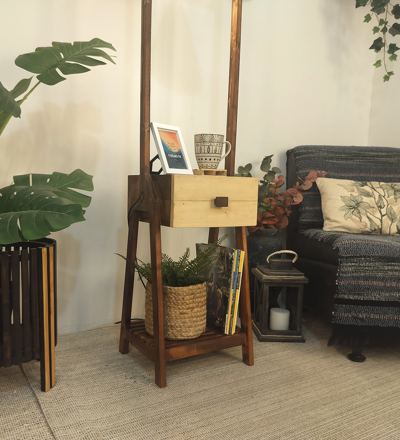 Gabrielle Wooden Floor Lamp with Brown Base and Jute Fabric Lampshade (BULB NOT INCLUDED)
