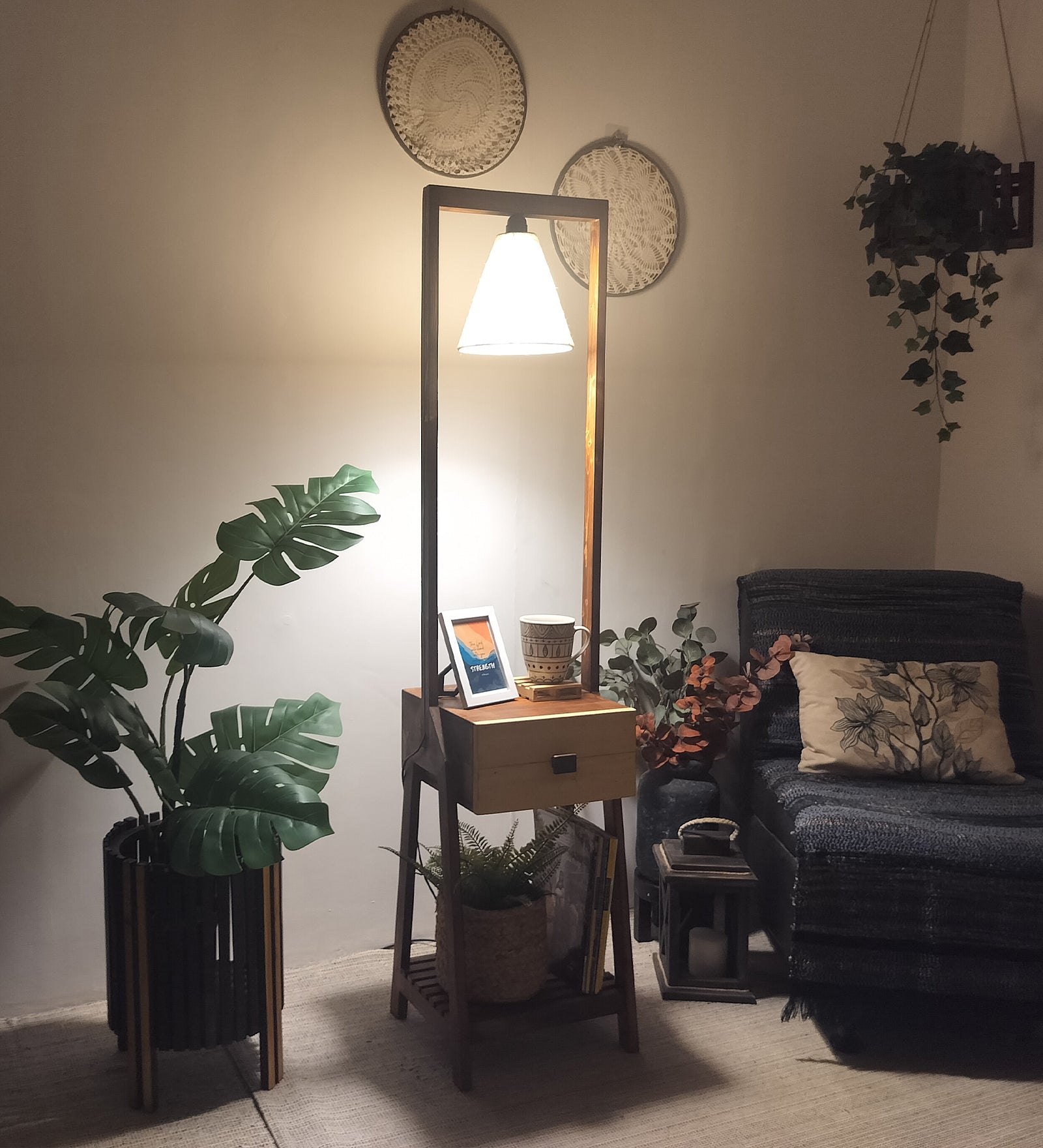 Gabrielle Wooden Floor Lamp with Brown Base and Jute Fabric Lampshade (BULB NOT INCLUDED)