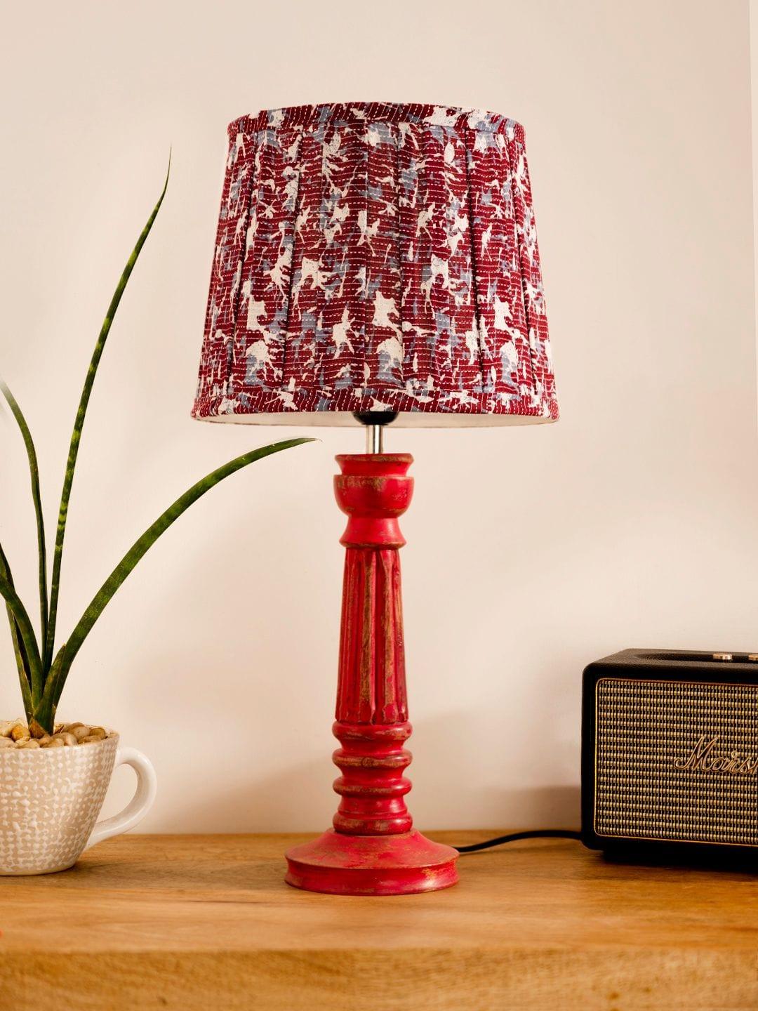 Wooden Pillar Pink lamp with pleeted Colorful Soft Shade - Ouch Cart