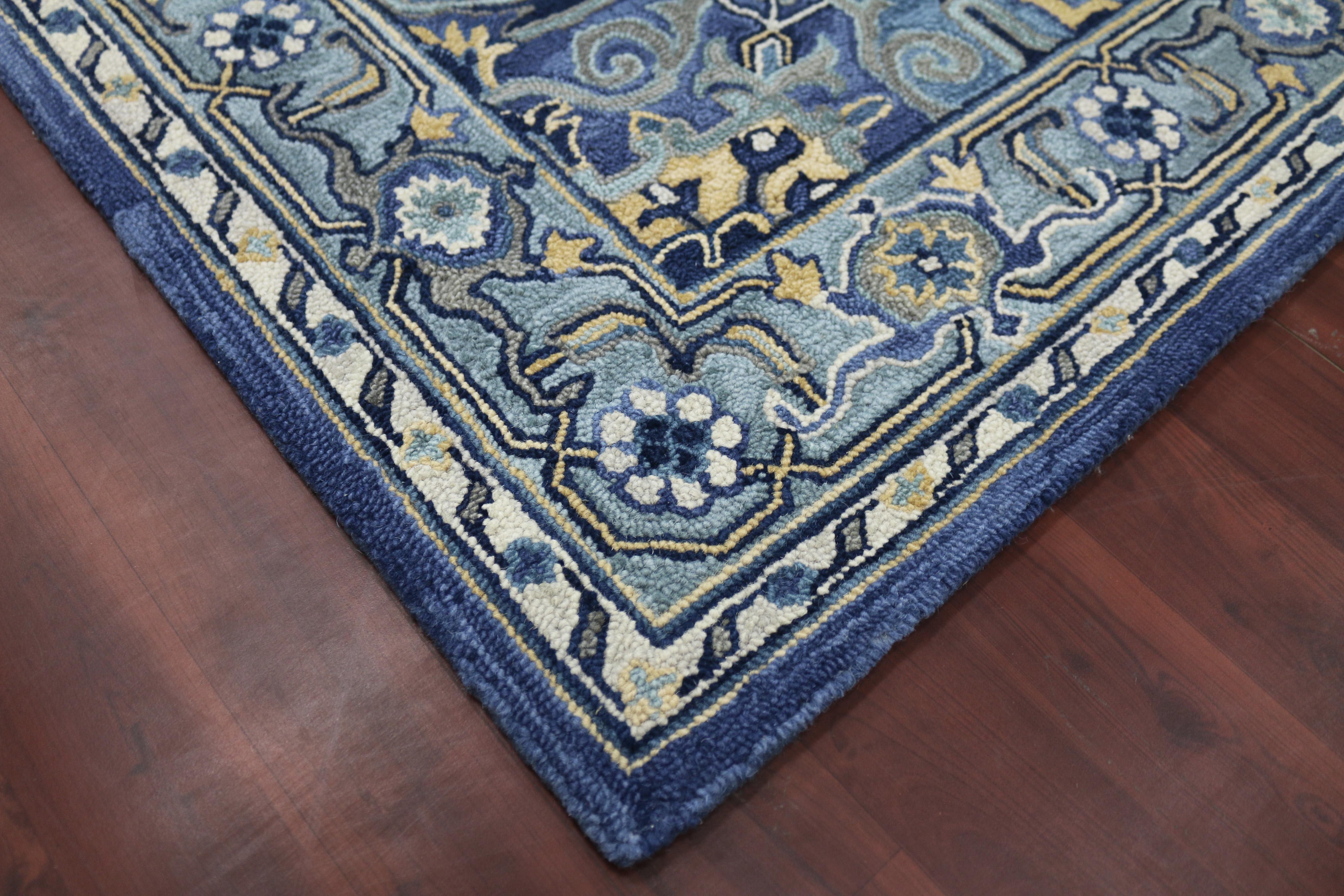 STEEL BLUE Wool Boho 5X8 Feet Hand-Tufted Carpet - Rug - Ouch Cart
