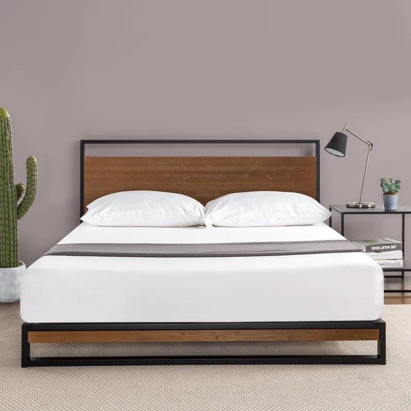 Gemma Solid Steel Bed Frame with Detailed Wood Headboard - Ouch Cart