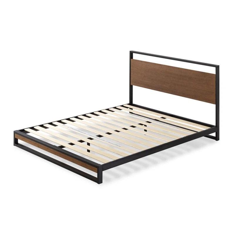 Gemma Solid Steel Bed Frame with Detailed Wood Headboard - Ouch Cart