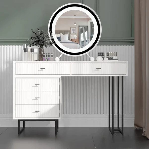 Antonia Wide Vanity Dressing Table With Mirror Makeup, With LED Mirror and 5 spacious drawers. Vanity desk with Cabinet, dressing table with Drawer Slides, Bedroom Essential， for Girls and Women