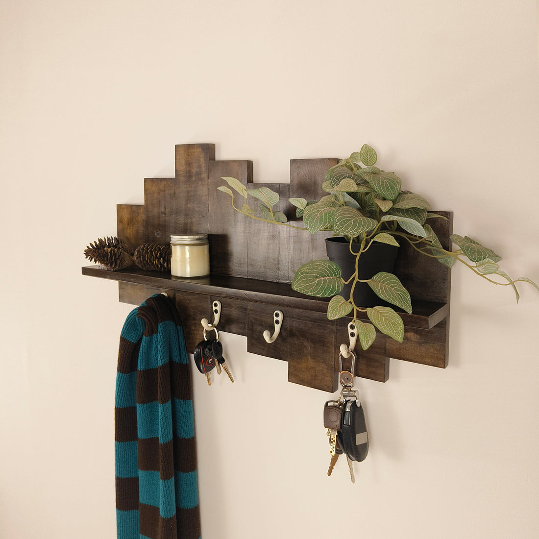 Glencroft Wooden Wall Shelf Organiser with Key Holders