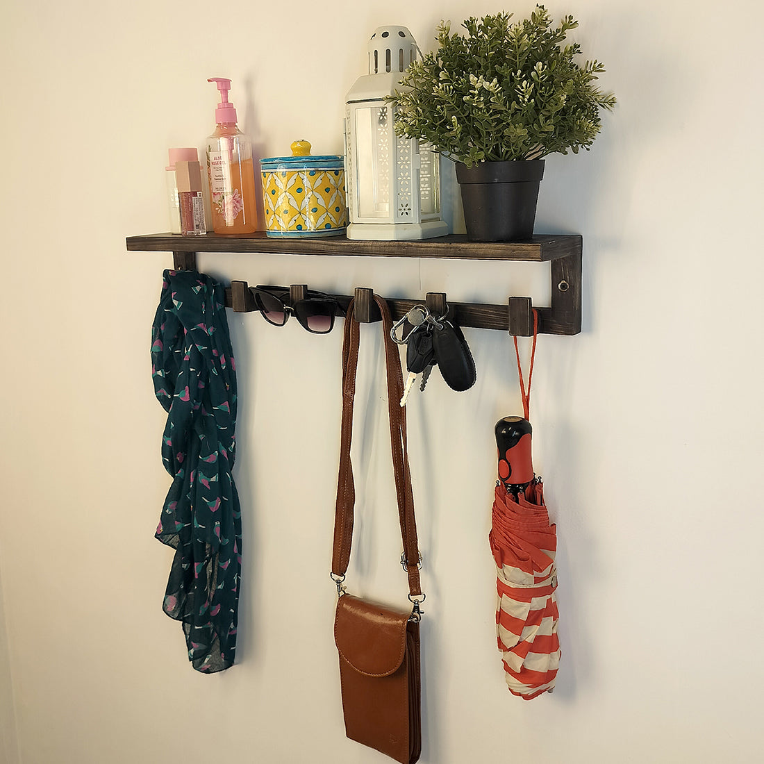 Gregor Wooden Wall Shelf Organiser with Key Holders