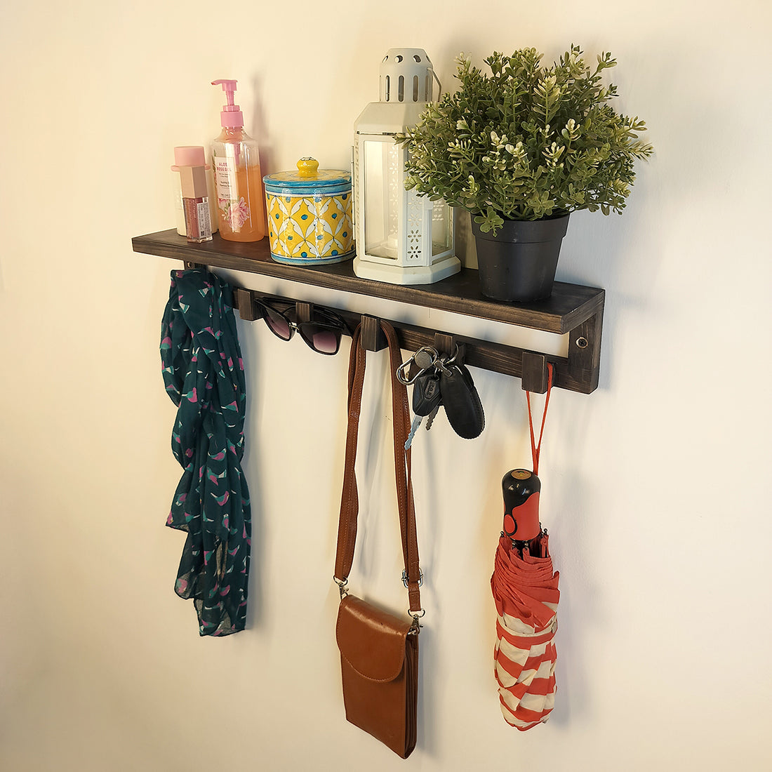 Gregor Wooden Wall Shelf Organiser with Key Holders
