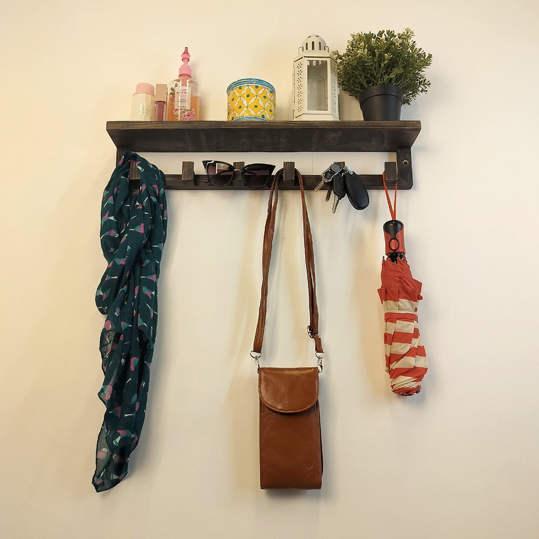 Gregor Wooden Wall Shelf Organiser with Key Holders - OUCH CART | Wall decor and hanging