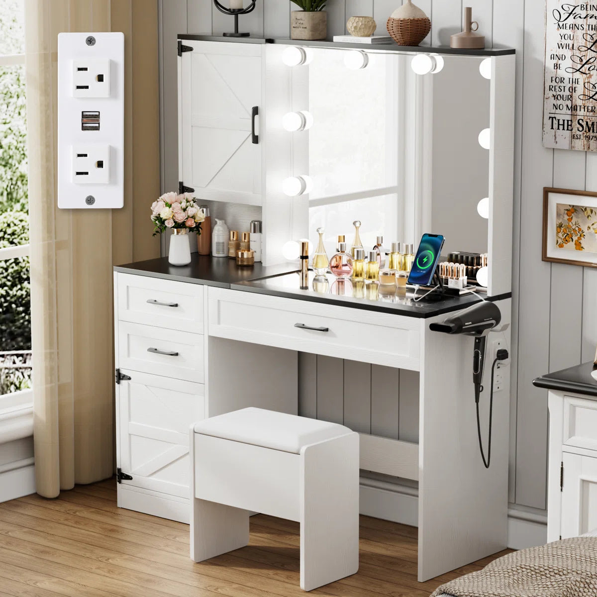 Greyden Glass Top Vanity Desk with LED Lights and Built-In Outlets- OUCH CART | Dressing table