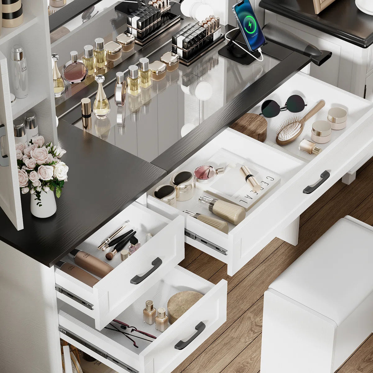Greyden Glass Top Vanity Desk with LED Lights and Built-In Outlets OUCH CART