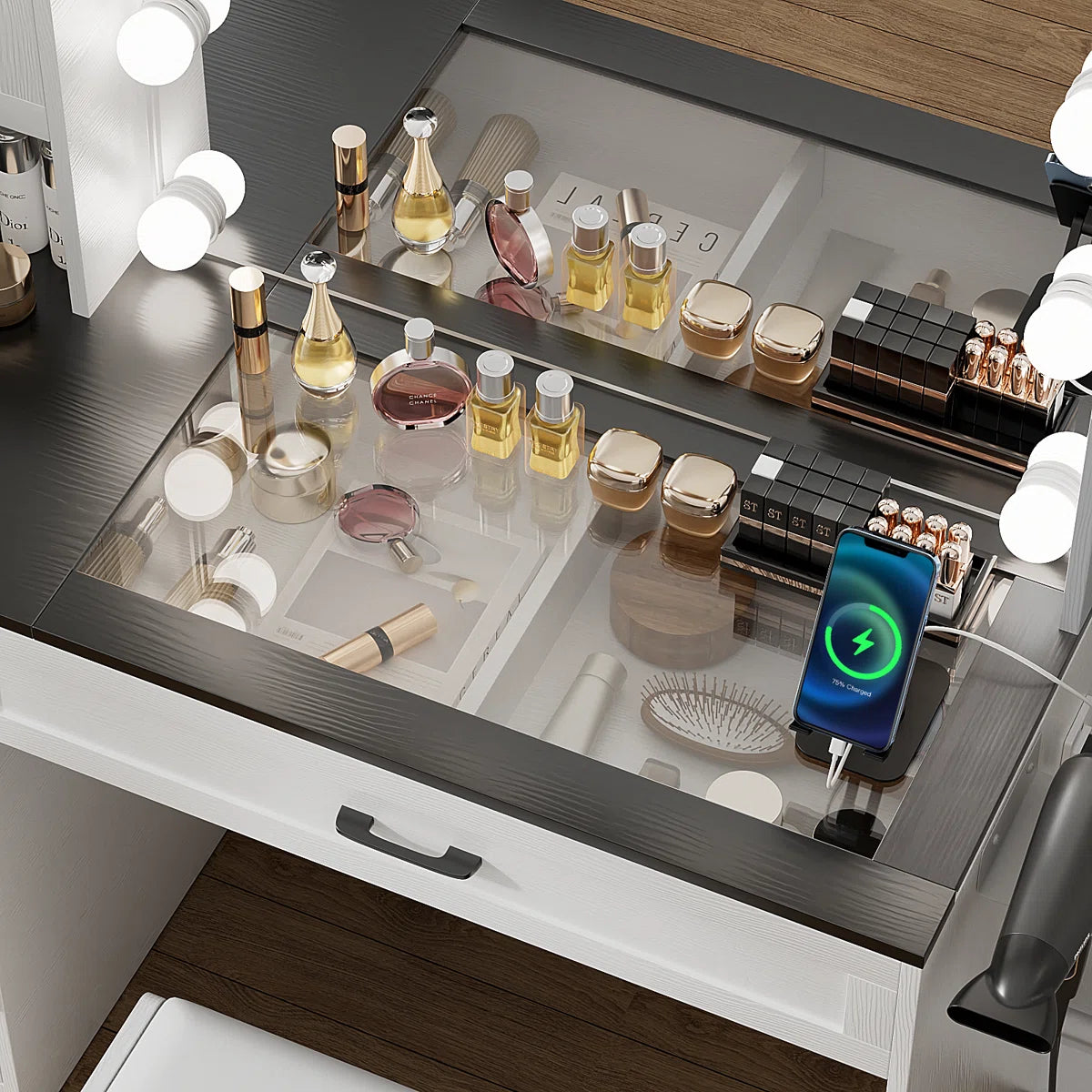 Greyden Glass Top Vanity Desk with LED Lights and Built-In Outlets OUCH CART
