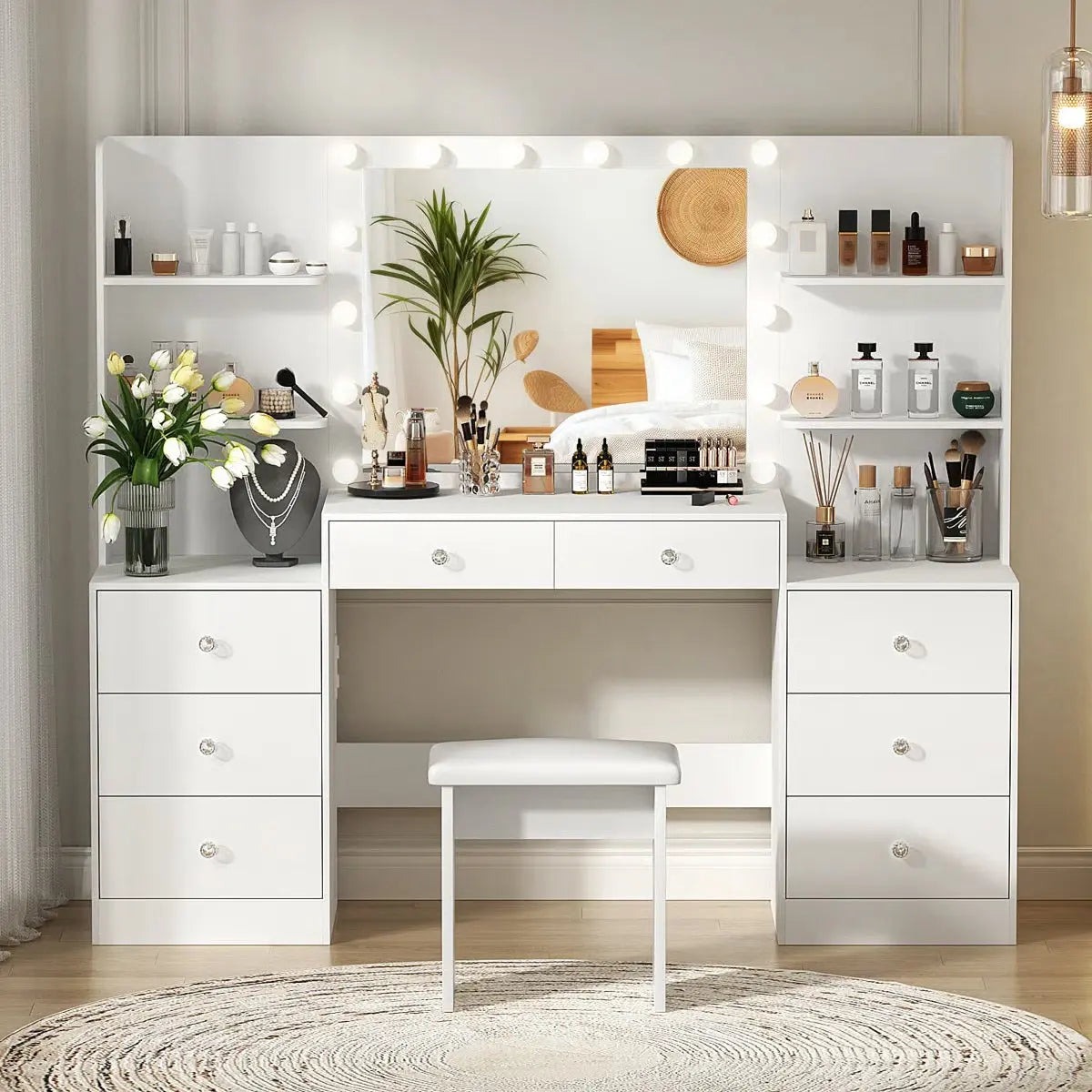 Greyden Zeibak Lighted Makeup Vanity Table with 8 Drawers, 14 LED Lights, and Ample Storage