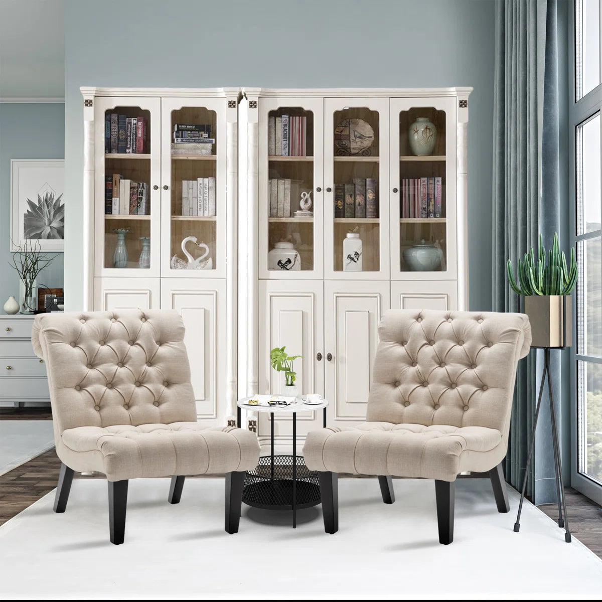 Elegant Linen Tufted Slipper Chair with Solid Wood Legs OUCH CART