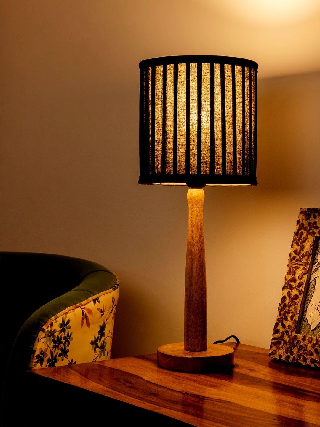 Wooden Brown Lamp with pleeted Balck Shade - Ouch Cart