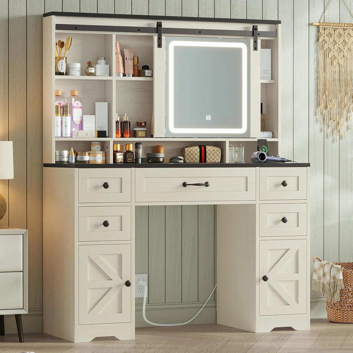 Hagler Farmhouse Makeup Vanity With Sliding LED Mirror- OUCH CART | Dressing table