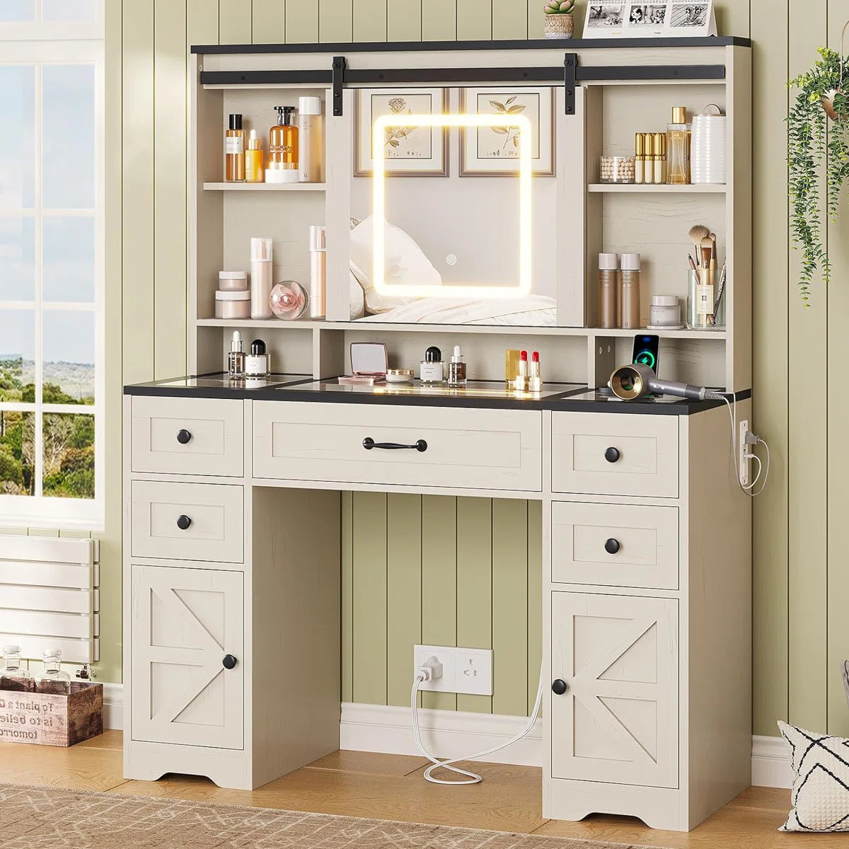Hagler Modern Farmhouse Makeup Vanity Table with Sliding LED Mirror and 3-Mode LED Lighting OUCH CART
