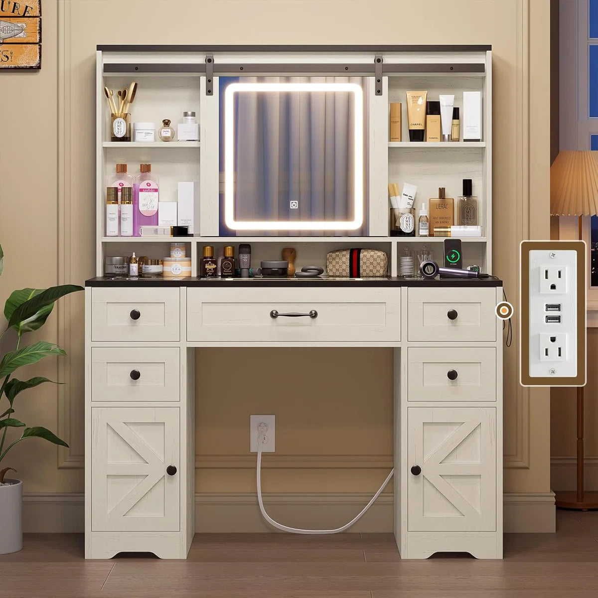 Hagler Modern Farmhouse Makeup Vanity Table with Sliding LED Mirror and 3-Mode LED Lighting OUCH CART