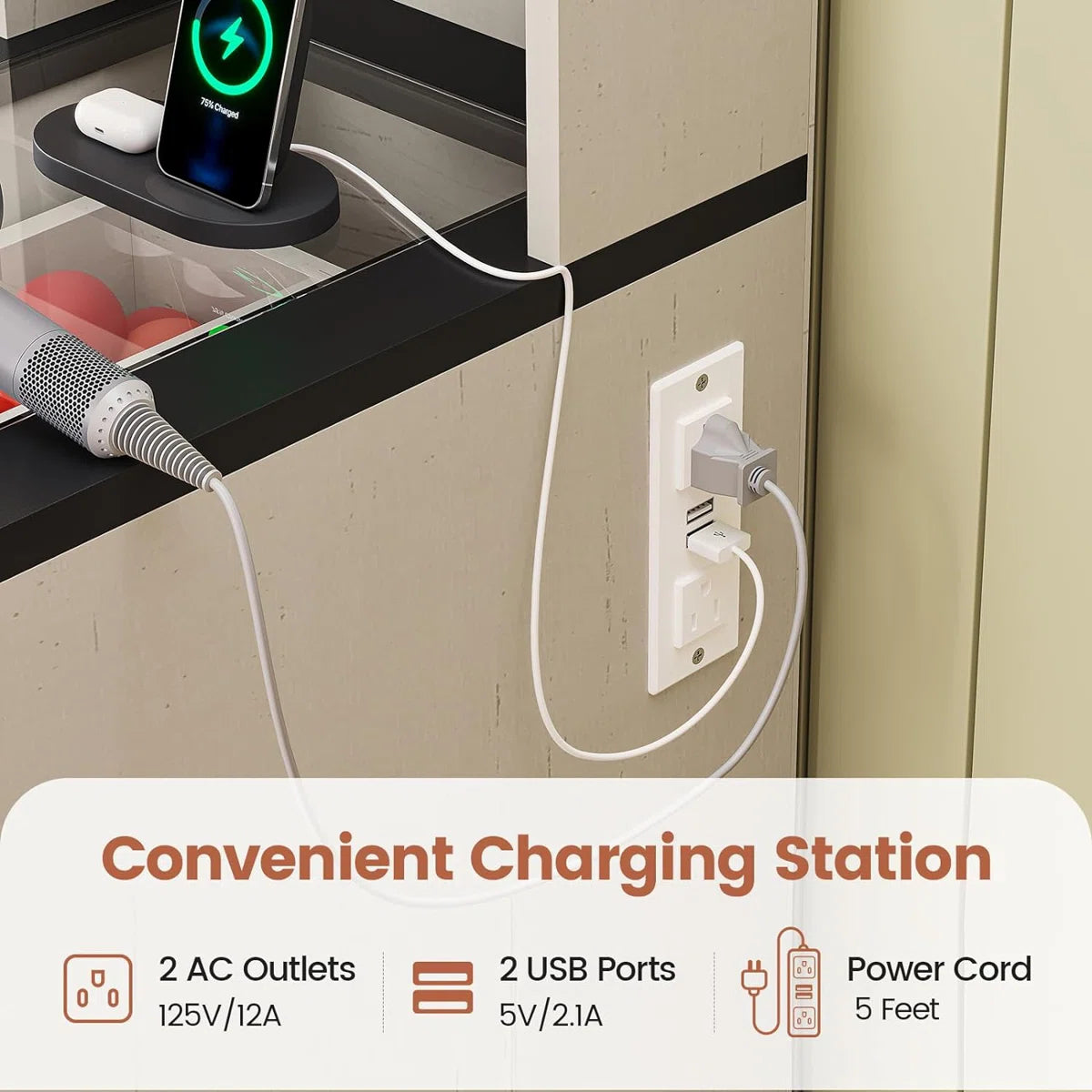 Hagler Modern Farmhouse Makeup Vanity Table with Sliding LED Mirror and 3-Mode LED Lighting