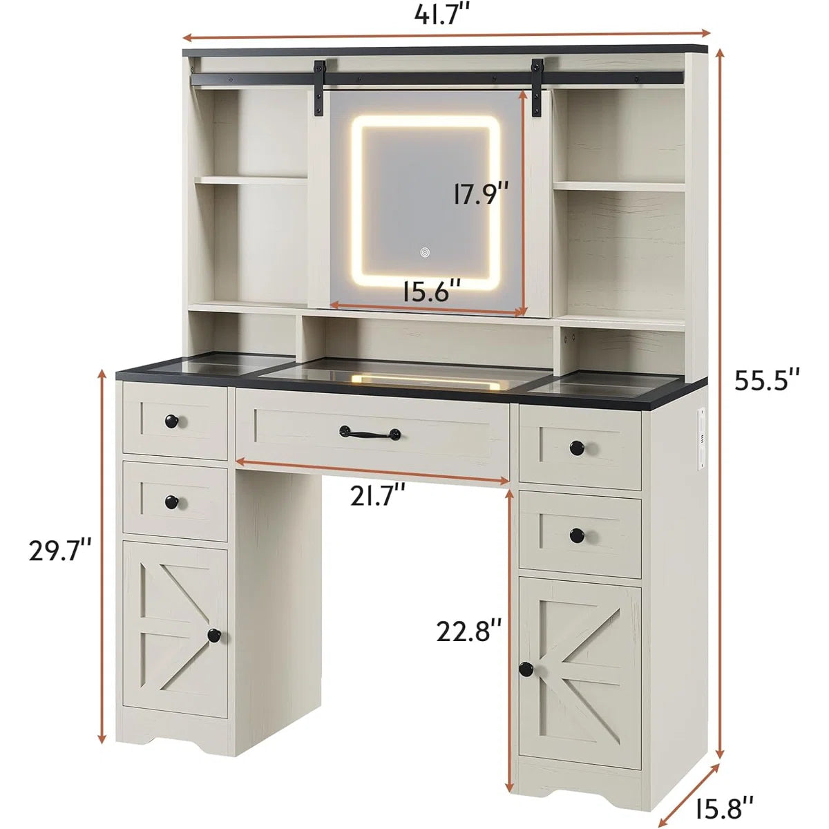 Hagler Modern Farmhouse Makeup Vanity Table with Sliding LED Mirror and 3-Mode LED Lighting