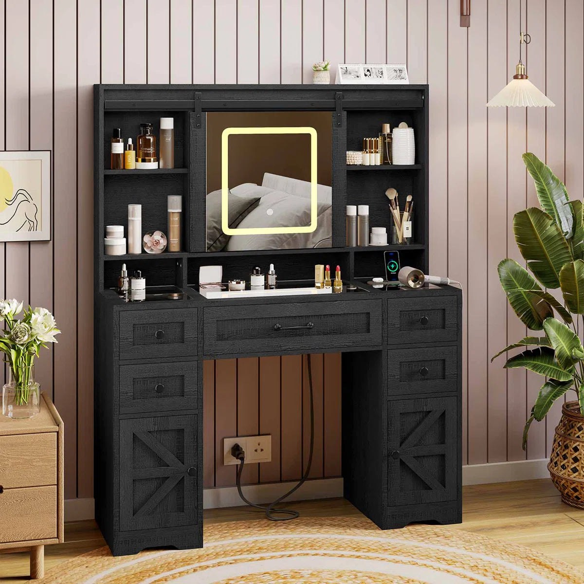 Hagler Modern Farmhouse Makeup Vanity Table with Sliding LED Mirror and 3-Mode LED Lighting- OUCH CART | Dressing table