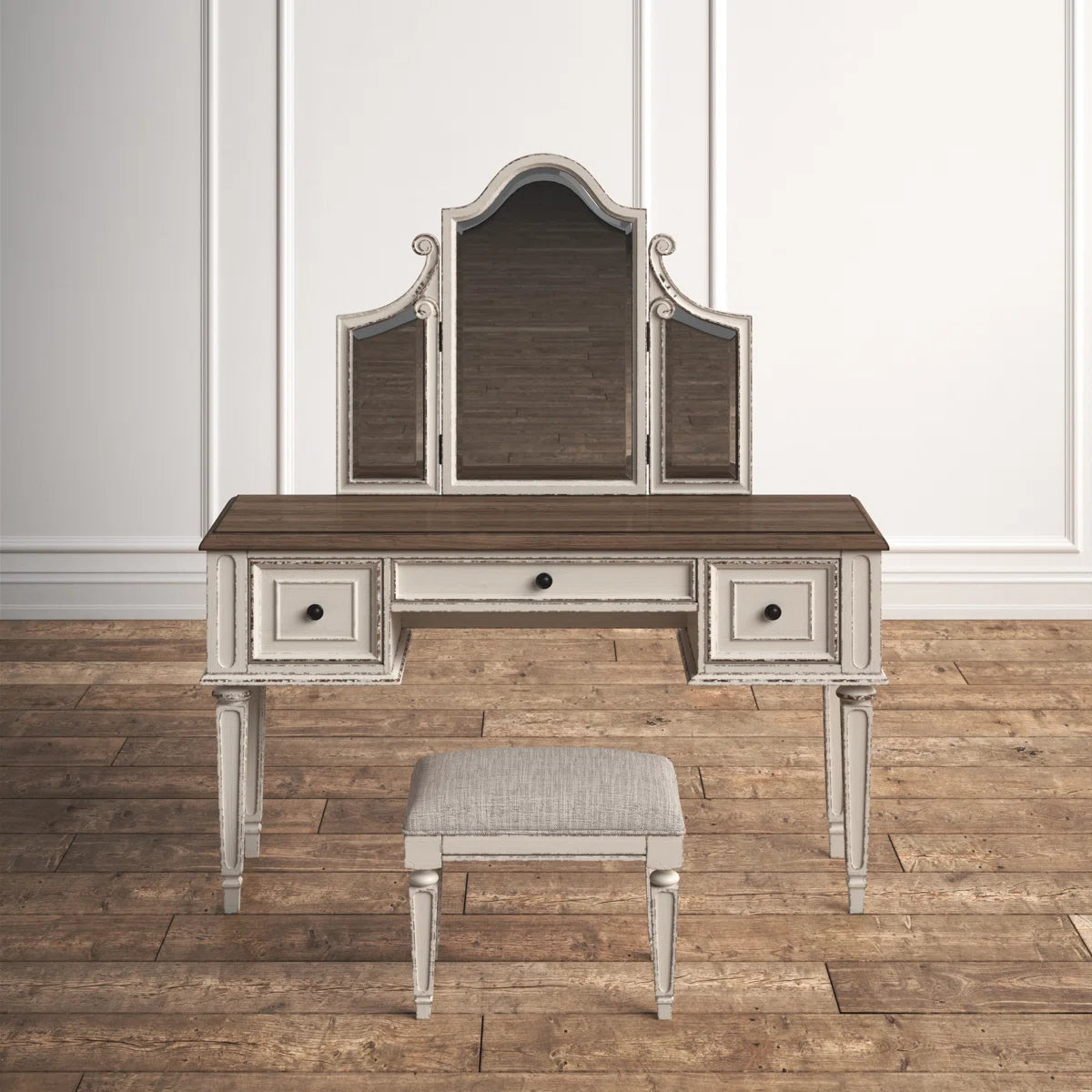 Kelly Clarkson Home 3-Piece Two-Tone Vanity Set with Tri-Fold Mirror & Upholstered Stool OUCH CART